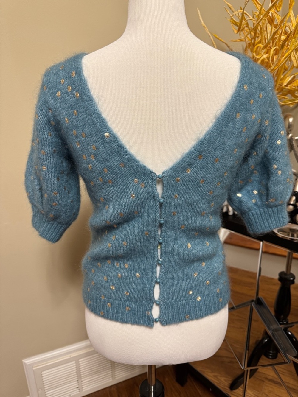 Sezane Teal Blue Gold Polka Dot Short Sleeve Knit Sweater Size XS NWOT - Picture 6 of 9